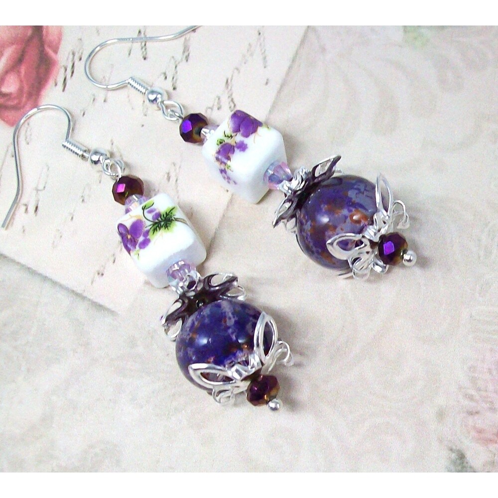 Lampwork Earrings Vintage Style. Bronze, Aubergine Purple, Artisan Crafted Jewel - Picture 4 of 10